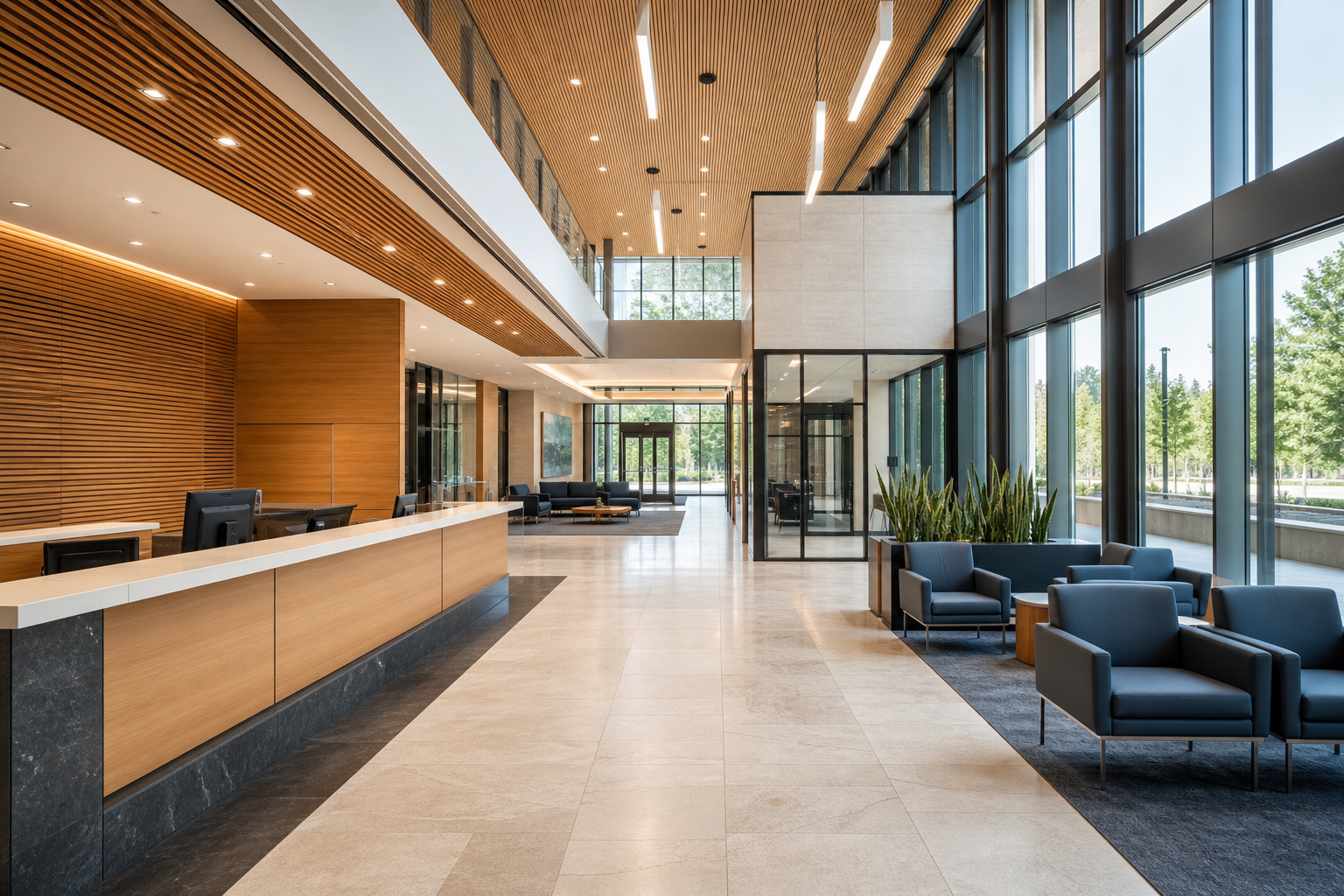 Bright contemporary government service lobby with warm millwork and accessible public seating